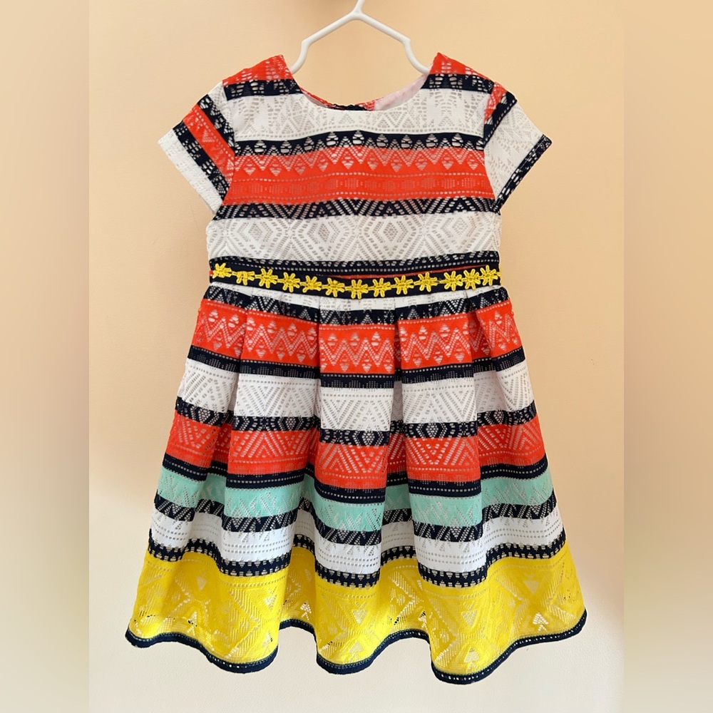 Colorblock Lace Party Dress | Girl 4T | Fit & Flare | Orange Navy Mint Yellow - Picture 6 of 6